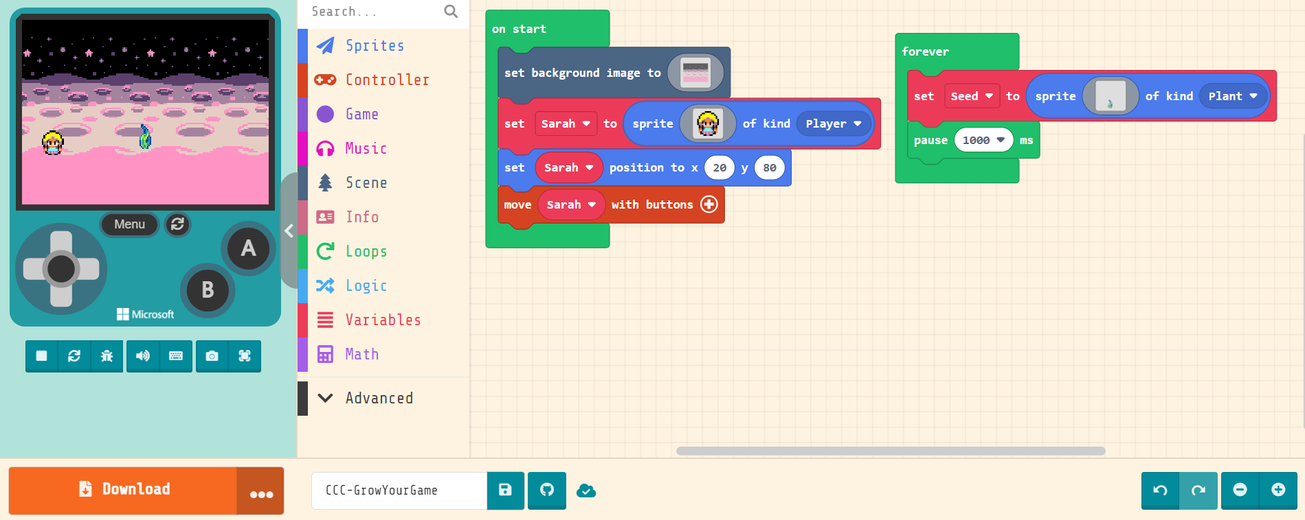 Screenshot of the editor - emulator on the left, the menu in the middle, your code on the right